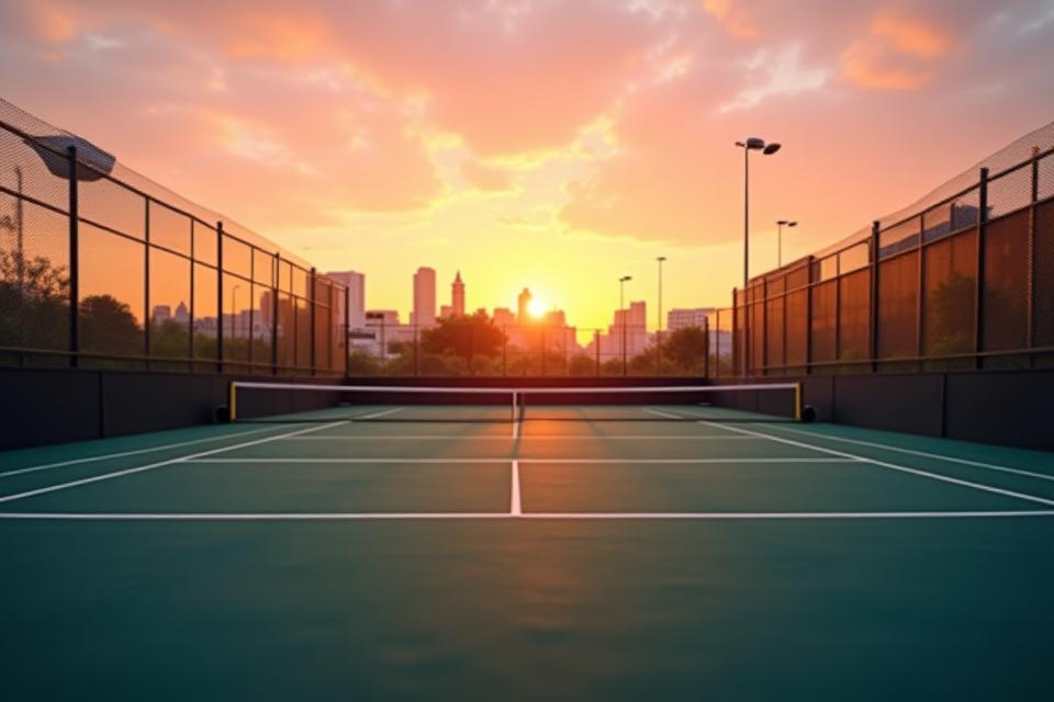 Padel court Madrid con skyline de Madrid al fondo al atardecer, destacando su ubicación céntrica y moderna.