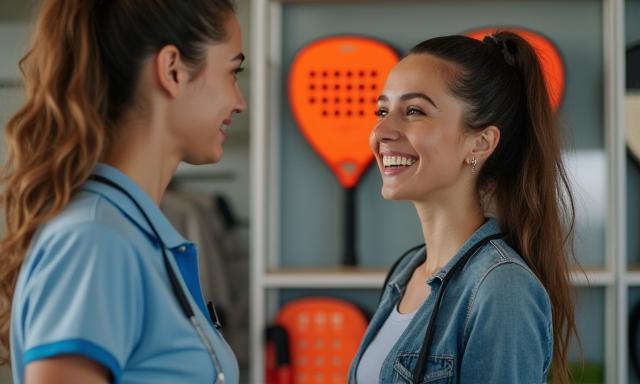 Un miembro del personal sonriente y experto asesorando a un cliente en la tienda de pádel, ofreciendo recomendaciones personalizadas.