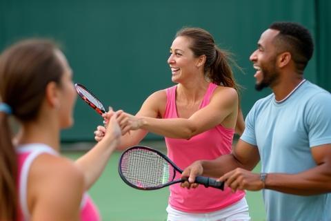 Jugadores de pádel divirtiéndose en la cancha, con énfasis en el aspecto social y activo del deporte.