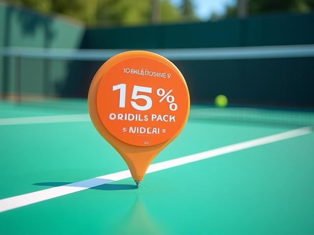 Pista de pádel con un cartel de descuento del 15% para reservas en grupo o paquetes.