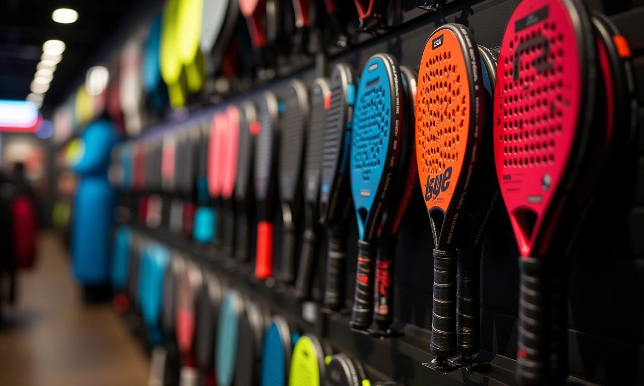 Gran variedad de raquetas de pádel de últimas marcas en exposición en la tienda, listas para ser elegidas.